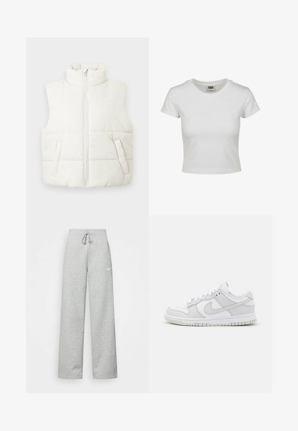 Bílá prošívaná vesta s vysokým límcem, předním zipem a dvěma bočními kapsami. Prošívaný vzhled s hladkým povrchem a jemným označením značky.; Bílý bavlněný tričko s klasickým kulatým výstřihem, krátkými rukávy a přiléhavým střihem. Žádné vzory ani akcenty nejsou viditelné.; Šedé tepláky s elastickým pasem, detaily se šňůrkou a malým bílým logem Nike na levém stehně. Měkká tkanina, volný střih.; Bílé kožené tenisky s šedými detaily, perforovaná špička, ploché tkaničky, polstrovaný límec a texturovaná gumová podrážka.
