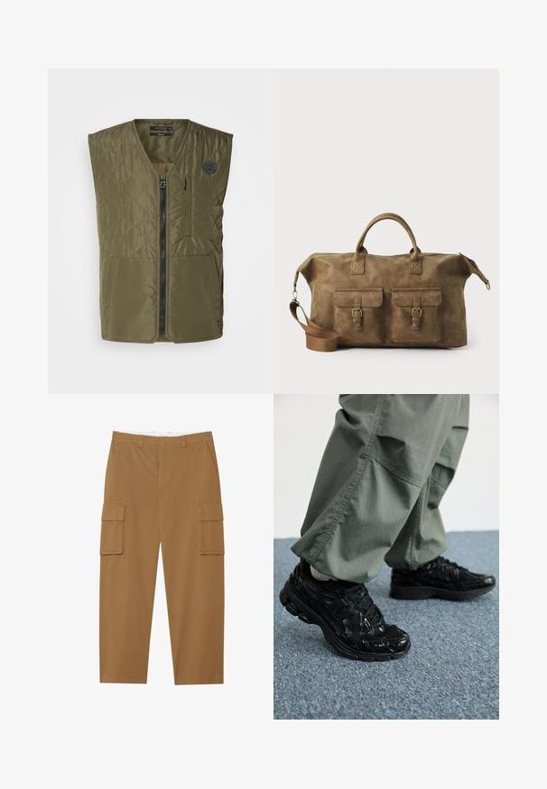 Olive roheline pehme vest, millel on ees lukuga sulgemine, ümar kaelus ja kaks suurt taskut. Vasakul rinnal on väike embleem.; Must mustriga mustri, millel on lukuga kaelus, pikad varrukad, soonikkoesed ja ääred, valmistatud pehmest ja sujuvast kangast.; Pruunid cargo püksid, millel on kaks külgtaskut, lapik eesmine osa ja sirge lõige. Valmistatud vastupidavast kangast, millel on sile tekstuur.; Mustad mustad jooksukingad läikiva ja võrgumaterjaliga tekstuuriga, paksu tallaga ja paeltega, koos lodevate oliiviroheliste cargo-pükstega.; Pruun nahast nädalakott, millel on kaks esikotti, reguleeritav õlarihm, kuldne riistvara ja tugevad ülemised käepidemed. Sile tekstuur.