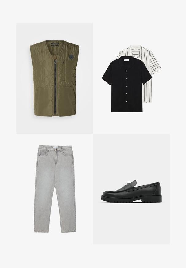 Olijfgroene gewatteerde vest met een rits aan de voorkant, een ronde hals en twee grote zakken. Heeft een klein embleem op de linkerkant van de borst.; Twee shirts met korte mouwen: één effen zwart, één wit met zwarte verticale strepen. Beide hebben knoopsluitingen en een klassieke kraag.; Lichtgrijze denimbroek met een recht model, vijfzakkenstijl en een knoopsluiting. Zichtbare stiksels langs de naden.; Zwarte leren instappers met een ronde neus, voorzien van een gestikt ontwerp, een lage platformzool en een gestructureerde, grof rubberen buitenzool.