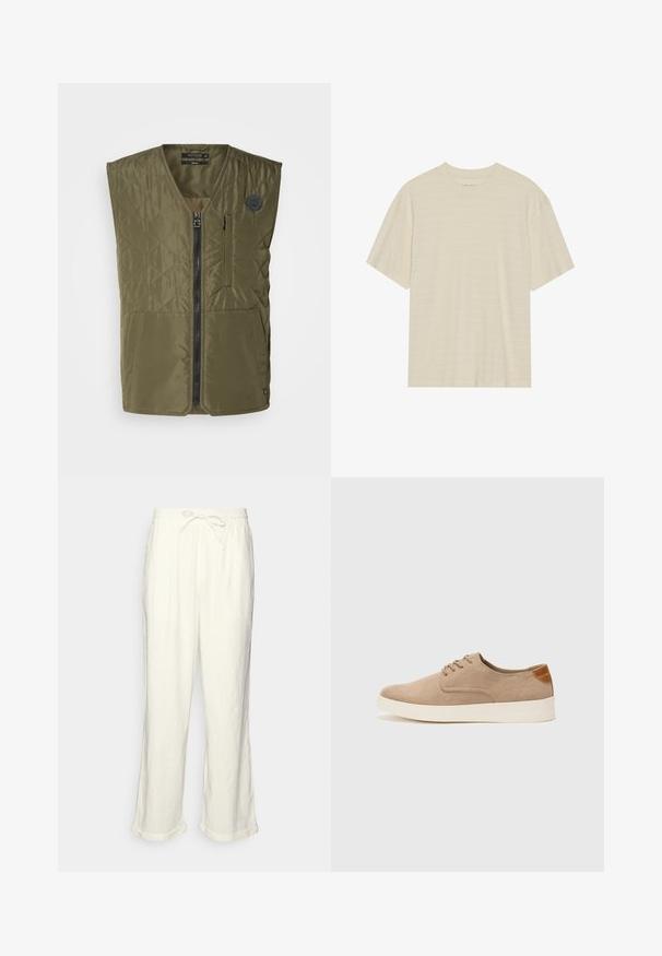 Vesta matlasată de culoare verde măsliniu cu fermoar frontal, gât rotund și două buzunare mari. Dispune de un mic emblema pe pieptul stâng.; Tricou de culoare crem, cu mânecă scurtă, având o textură subtilă cu dungi și un guler rotund, fabricat dintr-un material ușor.; Pantaloni din in, de culoare albă-crem, cu un tiv elastic la talie, piciorușe ușor largi și manșete răsucite pentru un stil relaxat. Fără buzunare.; Tenisi din suede bej cu vârf rotund, sistem de șireturi în față și un accent texturat în spate. Talpa albă din cauciuc oferă un contrast. Design simplu și modern.