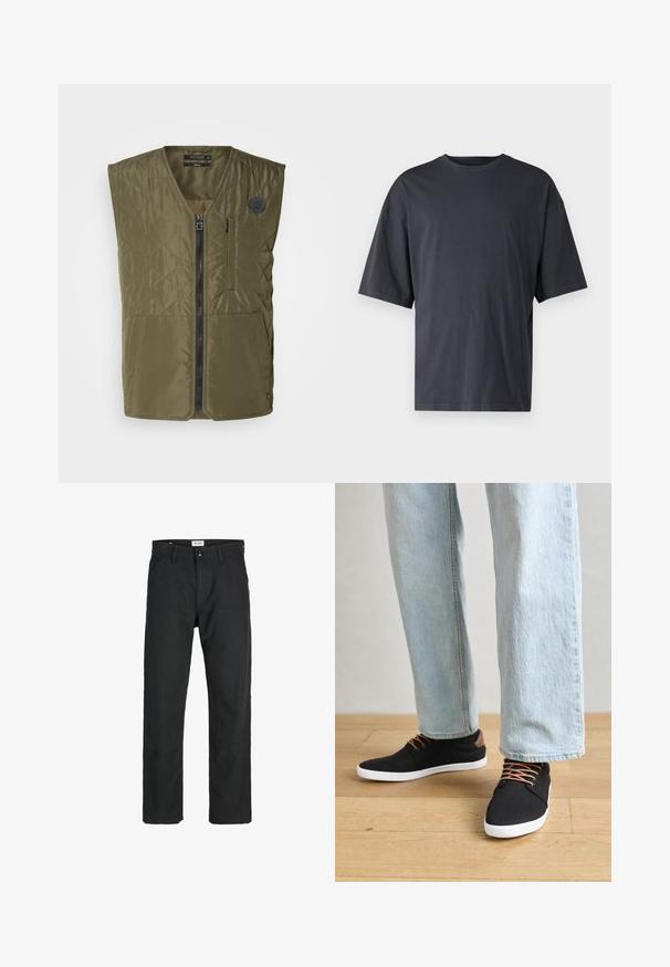 Olive roheline pehme vest, millel on ees lukuga sulgemine, ümar kaelus ja kaks suurt taskut. Vasakul rinnal on väike embleem.; Tumehall lühikeste varrukatega T-särk, mis on valmistatud kerge puuvilla segust, laia lõikega ja klassikalise ümmarguse kaelusega, täiesti sile ja ilma mustriteta.; Mustad mustad, mis on valmistatud vastupidavast kangast, sirge jala disainiga, õmmeldud detailidega ja kahe eesmise taskuga funktsionaalsuse jaoks.; Mustad musta kangast tossud pruunide aktsentide, valge kummitaldade ja pruunide paeltega, koos helesiniste sirgete jalgade teksadega. Puidust põranda taust.