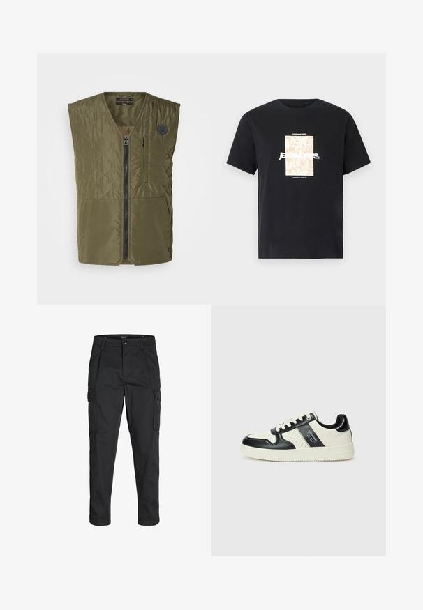 Olivgrüne Steppweste mit einem Frontreißverschluss, rundem Ausschnitt und zwei großen Taschen. Sie hat ein kleines Emblem auf der linken Brust.; Schwarzes Baumwoll-T-Shirt mit Rundhalsausschnitt. Hat eine beige rechteckige Grafik und weißen Text "JAWO", zentriert auf der Vorderseite. Kurze Ärmel.; Schwarze Cargo-Hose aus robustem Material, mit mehreren Taschen, einem Knopfverschluss und einem Slim-Fit-Design mit schmal zulaufenden Beinen.; Leder-Sneaker in Schwarz- und Cremetönen, mit perforierten Akzenten, einem gepolsterten Kragen und einer strukturierten Laufsohle.