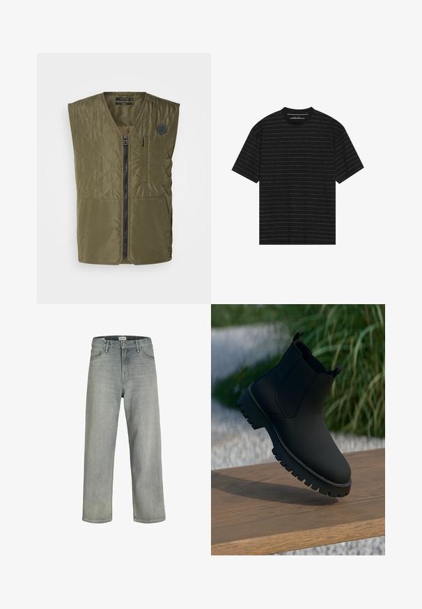 Olīvzaļš izšūts džemperis ar priekšējo rāvējslēdzēju, apaļu kaklu un divām lielām kabatām. Tam ir neliels emblēma uz kreisās krūts.; Melnā īso piedurkņu T-kreklā ir plānas baltas horizontālas svītras. Izgatavots no mīkstas auduma, ar apaļu kakla izgriezumu un brīvu piegriezumu.; Gai pelēki, brīvi pieguļoši džinsi no denima. Iekļauj klasisku piecu kabatu dizainu, jostas cilpas un taisnu kāju siluetu.; Melnas potītes ar gludu apdari, elastīgām sānu malām un biezu, izturīgu zoli. Novietotas uz koka virsmas dabiskā ainavā.