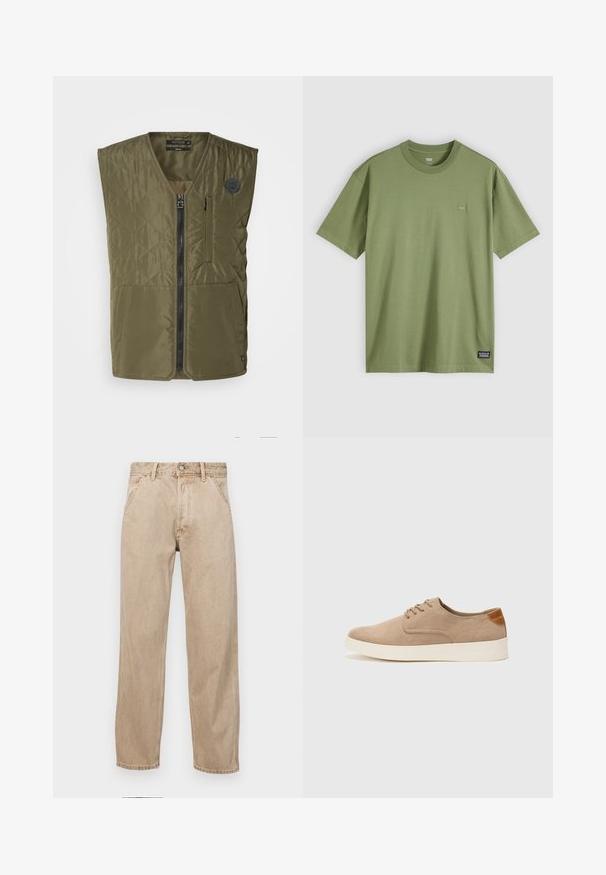 Olivgrüne Steppweste mit einem Frontreißverschluss, rundem Ausschnitt und zwei großen Taschen. Sie hat ein kleines Emblem auf der linken Brust.; Olivenfarbene Baumwoll-T-Shirt mit Rundhalsausschnitt und kurzen Ärmeln. Mit einem kleinen, dezenten Logo-Patch auf der Brust und einem gewebten Markenlabel am Saum.; Beige Denim-Jeans mit geradem Beinschnitt, ausgestattet mit Vordertaschen, einem Metallknopfverschluss und feiner Textur.; Beige Wildleder-Sneaker mit runder Zehenpartie, Schnürung und strukturiertem Rückenteil. Die weiße Gummisohle sorgt für einen Kontrast. Einfaches und modernes Design.