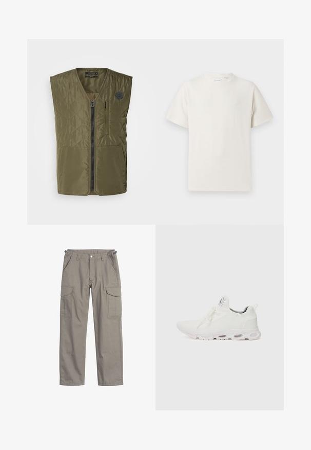 Olivno zelena prešita brezrokavnik z zadrgo spredaj, okroglim vratom in dvema velikima žepoma. Na levem prsnem delu je majhen emblem.; Bela majica s kratkimi rokavi iz rebraste tkanine. Okrogli izrez, sproščen kroj, brez vidnih vzorcev ali naglasov. Preprosta in vsestranska zasnova.; Cargo hlače iz svetlo sive tkanine, ki imajo dva velika stranska žepa, sprednje žepke, zapiranje na gumb in ohlapen kroj.; Bela atletska obuća z značilnom pletenom gornjom stranom, ravnim vezicama i podlogom s jastučićem koja ima vidljive zračne komore za dodatnu potporu.