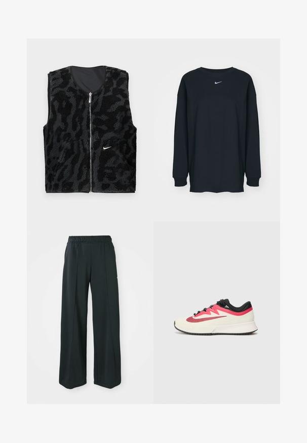 Černá fleecová vesta s předním zipem, která se vyznačuje texturovaným vzorem zvířecí tisky a malým bílým logem Nike na levé straně.; Černé tričko s dlouhým rukávem vyrobené z bavlny s kulatým výstřihem. Na hrudi se nachází bílé logo Nike. Měkká textura, jednoduchý design.; Černé sportovní kalhoty s širokým střihem a elastickým pasem. Vyrobené z hladkého, pružného materiálu, s jemnými předními švy a bez kapes.; Běžecká obuv s krémovým svrškem, červenými a černými akcenty a texturovaným povrchem. Obsahuje černé tkaničky a polstrovanou podrážku pro pohodlí.