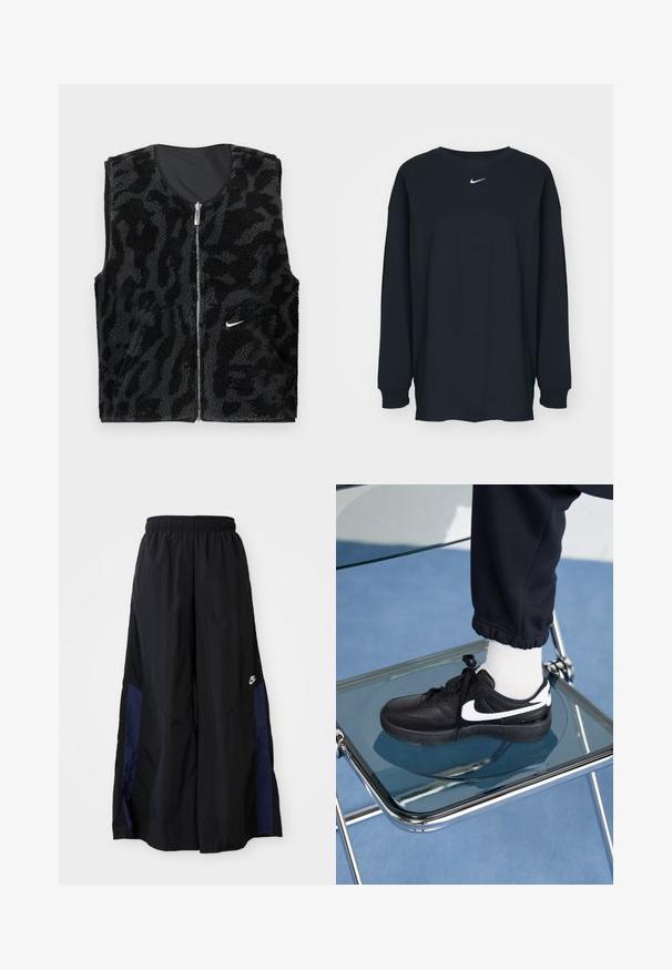Black fleece vest with a zip front, featuring a textured, animal print design and a small white Nike logo on the left side.; Black long-sleeve T-shirt made of cotton with a crew neckline. Features a white Nike logo on the chest. Soft texture, simple design.; Black wide-leg pants made of lightweight fabric, featuring a navy blue side panel and an elastic waistband. Small white logo on bottom.; Black Nike sneakers with white accents, featuring a smooth leather texture, lace-up design, and rounded toe, positioned on a glass chair.