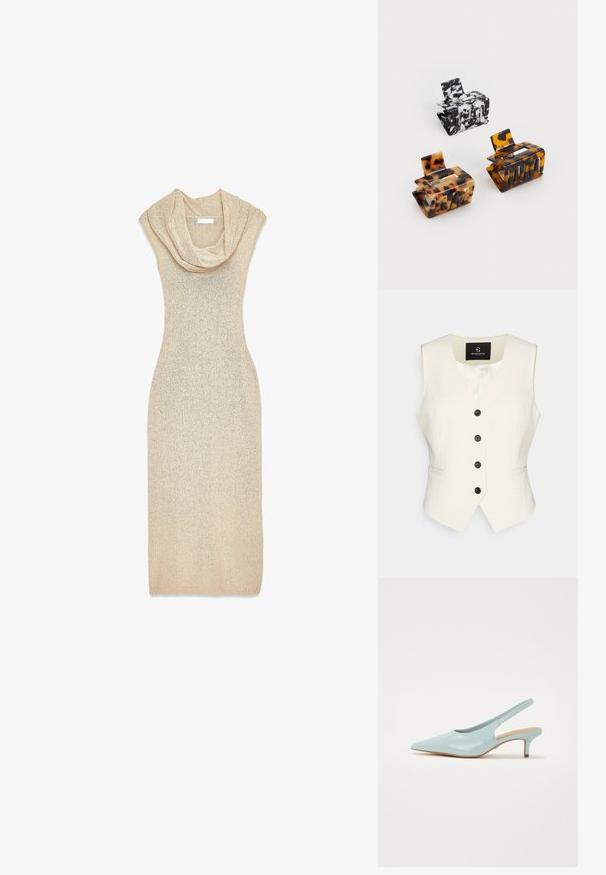 Cream-colored linen vest with a v-neck, five black circular buttons, and side pockets. Smooth texture and tailored design.; Beige knitted dress with a cowl neckline, fitted silhouette, and mid-calf length. Material appears soft with a subtle shimmer.; Light blue slingback shoe with a pointed toe, low heel, and smooth glossy texture. Features a cut-out design on the sides.; Three hair clips: one black and white marbled, two tortoiseshell in brown and black hues, all made of glossy plastic with a textured finish.