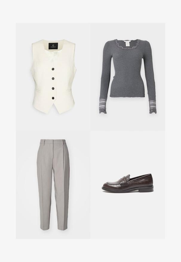 Kreemikaalune lina vest, millel on v-kujuline kaelus, viis musta ümmargust nuppu ja küljetaskud. Sile tekstuur ja kohandatud disain.; Hallide hallidega, pikkade varrukatega hall ribakujuline särk, millel on laineline kaelus ja pitsist ääristatud varrukaotsad, esitleb tekstuurset mustrit.; Heledad hallid püksid, millel on sile tekstuur, volditud esiosa ja sirge jalgade disain. Omab vöölõikeid ja läikivat viimistlust.; Tumedpruunid nahast loafers, millel on krokodillimuster, madal konts ja esiosa õmmeldud detailid disaini lisamiseks.