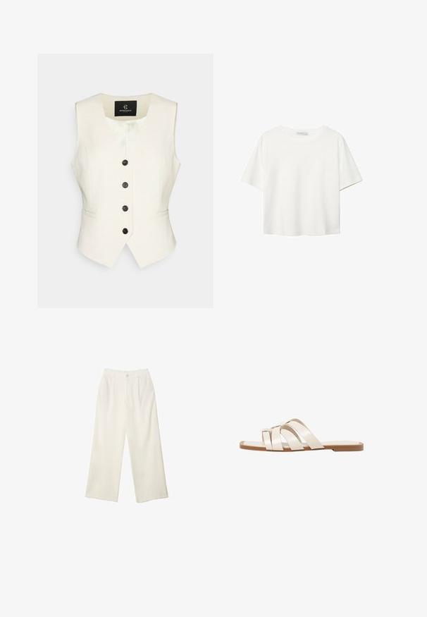 Crème-kleurige linnen vest met een V-hals, vijf zwarte ronde knopen en zijzakken. Gladde textuur en een getailleerd ontwerp.; Witte korte mouwen t-shirt van katoen. Heeft een ronde halslijn en een ontspannen pasvorm. Glad textuur zonder zichtbare patronen of accenten.; Brede broekspijpen in crème stof met een gladde textuur, voorzien van een enkele frontknop, subtiele plooien en een hoge taille.; Vlakke sandalen met een tan rubberen zool, ontworpen met drie overlappende witte leren banden en een kleine strikdetail in het midden.