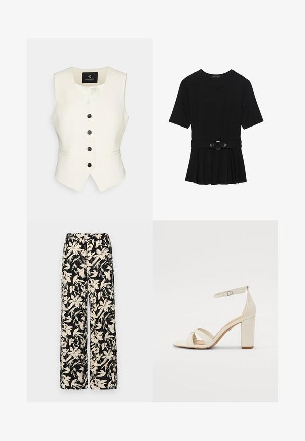 Kremfarget linvest med v-hals, fem svarte sirkulære knapper og sidelommer. Glatt tekstur og skreddersydd design.; Svart kortermet topp laget av glatt materiale, med en peplum-design og en belted midje med to runde knapper i sølvfarge.; Sorte vide bukser med et cremet blomster mønster. Fremstillet af letvægtsstof, med en glat tekstur og en høj talje.; Kremfargede hælhæler med firkantet tå, kryssende stropper, ankelstropp med spenne, og tykk hæl. Glatt lærtekstur.