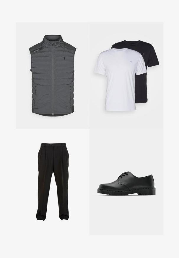 Pilkas pūkinis liemens švarkas su aukštu apykakle, užtrauktuko priekyje, pečių pleistru ir šoninėmis kišenėmis; pasižymi horizontaliu siuvimu, kuris suteikia tekstūros ir šilumos.; Du pfaldi medvilniniai marškiniai trumpomis rankovėmis, balti ir juodi, su apvaliais kaklais, turintys mažą logotipą ant krūtinės, glotnus paviršius.; Juodos kelnės su lygiu audiniu, turinčios priekines klostes, mygtukų juosmenį ir siaurėjančius kulkšnies audinius. Klasikinis pritaikytas siluetas.; Juodos odinės oksfordo bateliai su raištelių užsegimu, apvaliu pirštu, plokščiu guminiu padu ir subtiliu siuvimo akcentu viršuje.