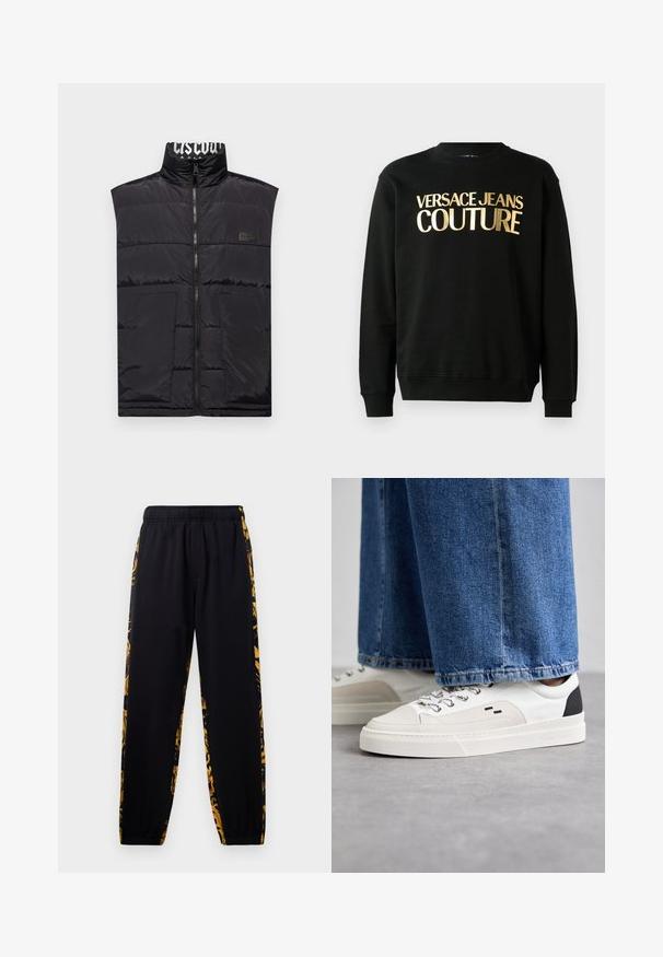 Colete puffer sem mangas, preto, com uma gola alta, fecho na frente, dois bolsos frontais e um logótipo no lado esquerdo do peito. Textura suave e brilhante.; Sweatshirt preto feito de uma mistura de algodão e poliéster, apresentando texto impresso em ouro "VERSACE JEANS COUTURE" na frente em uma fonte bold.; Calças de ganga pretas com cintura elástica e punhos, apresentando painéis laterais em padrões florais dourados e pretos.; Sapatilhas brancas e pretas com um upper de couro suave, detalhes texturizados e uma sola branca grossa. Apresenta um design clássico de atacadores.