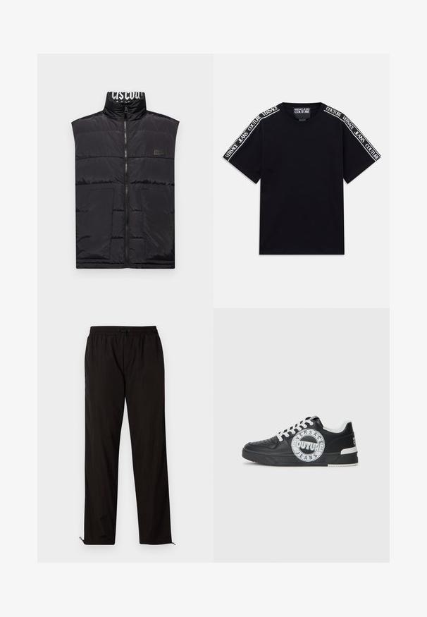 Svart, ärmlös pufferväst med hög krage, framdragkedja, två framfickor och en logotyp-patch på vänster bröst. Slät, glänsande textur.; Svart kortärmad T-shirt med vita textband "Versace Jeans Couture" som löper längs axlarna och övre ärmarna.; Svarta lätta byxor med elastisk midja, snörning och dragkedja vid bensluten för justerbar passform. Slät och elegant yta.; Svart lädersneakers med vita accenter, rund logodetalj, perforerad tå och kontrasterande sula. Har vita snören och varumärkeslogotyp.