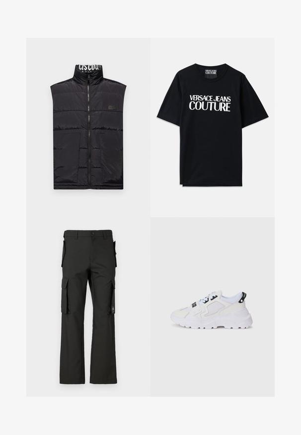 Crni, bezrukavni prsluk od pufera s visokim ovratnikom, prednjim patent zatvaračem, dva prednja džepa i oznakom logotipa na lijevoj strani prsnog koša. Glatka, sjajna tekstura.; Crna pamučna majica s kratkim rukavima s velikim bijelim natpisom "VERSACE JEANS COUTURE" sprijeda. Klasični dizajn s okruglim izrezom.; Crne cargo hlače ravnog kroja, s više bočnih džepova i kopčanjem na dugmetu. Izrađene su od izdržljivog materijala, glatke teksture.; Bijele atletske tenisice s gornjim dijelom od mrežastog materijala, debelim potplatom i crnim detaljima s otisnutim brendiranjem. Teksturirani i strukturirani dizajn.