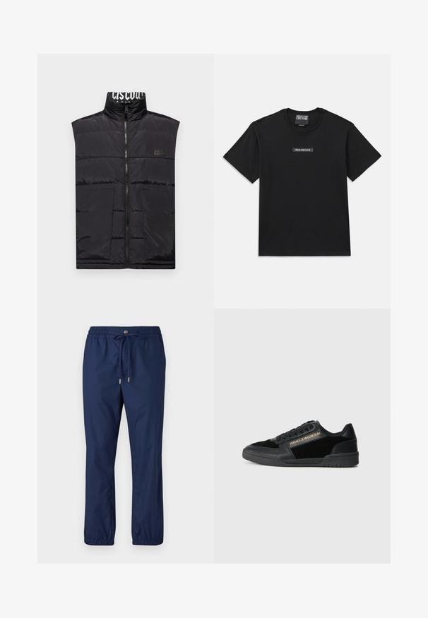 Μαύρο, χωρίς μανίκια γιλέκο πούφφας με ψηλό γιακά, μπροστινό φερμουάρ, δύο μπροστινές τσέπες και λογότυπο στο αριστερό στήθος. Λείος, γυαλιστερός υφασμάς.; Μαύρο κοντομάνικο μπλουζάκι από βαμβάκι. Διαθέτει ορθογώνια ετικέτα λογότυπου στο στήθος με την ένδειξη "VERSACE JEANS COUTURE" σε λευκό χρώμα.; Σκούρο μπλε ελαφριά παντελόνια με ελαστική μέση, κορδόνι και στριφώματα. Κατασκευασμένα από μαλακό υλικό, με απλό σχέδιο.; Μαύρο αθλητικό παπούτσι με λεία δερμάτινη υφή και σουέτ λεπτομέρειες. Διαθέτει χαμηλό σχεδιασμό, κορδόνια και χρυσή λογότυπη λεπτομέρεια στο πλάι.