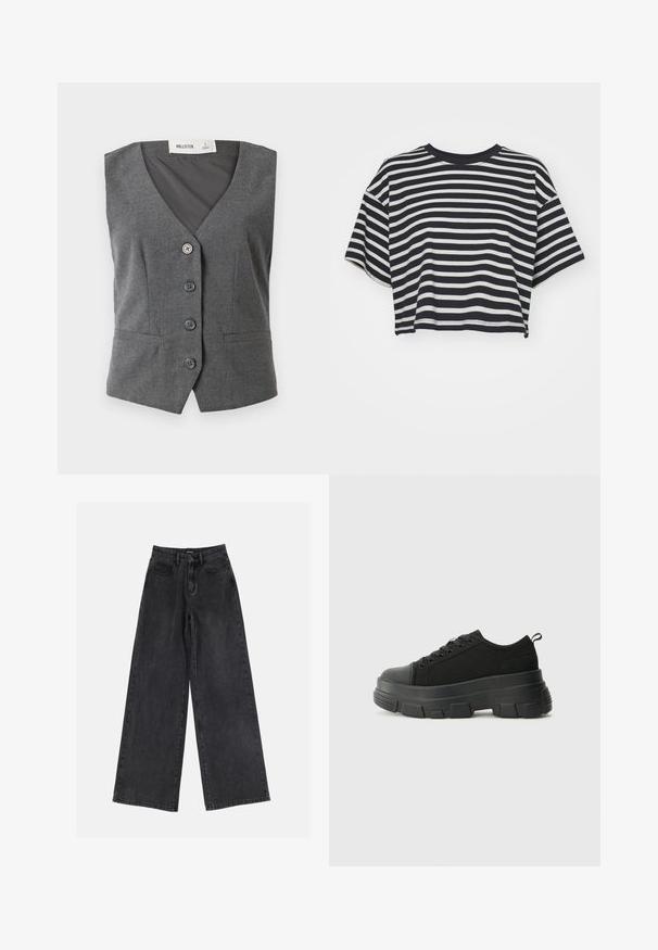 Hollister Co. LONGER LENGTH VEST - Waistcoat - heather; Striped cropped t-shirt in navy and white. Short sleeves, round neckline, soft fabric with horizontal stripes and a relaxed fit.; Black wide-leg denim jeans featuring a high waist, classic five-pocket design, and subtle fading. Durable fabric with a smooth texture.; Black sneakers with a chunky rubber sole, textured fabric upper, round toe, and lace-up design. Features reinforced eyelets and back pull tab.