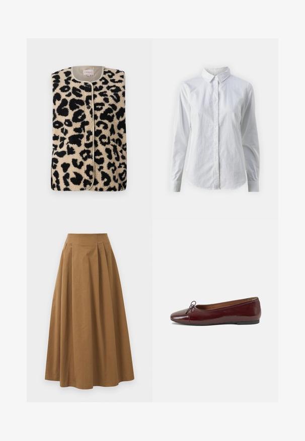 ONLY ONLBABY LIFE - Waistcoat - pumice stone; White button-up shirt made of smooth cotton, featuring a classic collar, long sleeves, and a curved hem. Buttons are small and white.; Brown cotton A-line skirt with a high waist, featuring pleats down the front and a smooth texture. Hem finishes are clean and simple.; Burgundy patent leather ballet flat with a rounded toe, small bow accent at the front, and a low, black rubber sole. Smooth texture.