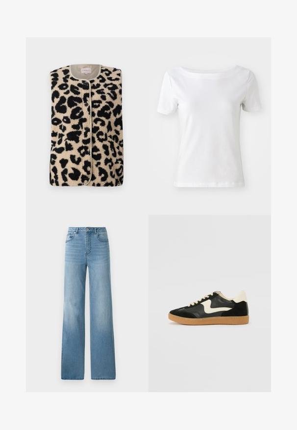 ONLY ONLBABY VEST - Liivi - pumice stone; Valkoinen lyhythihainen T-paita, joka on valmistettu puuvillasta, veneenauhalla ja sileällä tekstuurilla. Yksinkertainen ja koristamaton muotoilu.; Vaaleansiniset korkeavyötäröiset farkut suoranlahkeisella muotoilulla. Valmistettu denimistä, jossa on viisi taskua ja napitus.; Mustat mokka- ja nahkakengät, joissa on kermaisen valkoinen sivupainatus ja vaalea kermaisine kantapää. Varustettu beigeillä nauhoilla ja kumista valmistetulla ulkopohjalla.