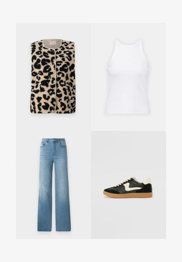 ONLY ONLBABY VEST - Chaleco - pumice stone; Top de tirantes blanco sin mangas hecho de tela acanalada, con un escote redondeado y una silueta ajustada, con costuras mínimas y sin adornos.; Jeans de tiro alto en azul claro con un diseño de pierna recta. Confeccionados en denim, cuentan con cinco bolsillos y un cierre con botón.; Zapatillas de deporte de ante y cuero negro con un swoosh lateral en crema y un talón en crema claro. Presenta cordones beige y una suela de goma marrón.