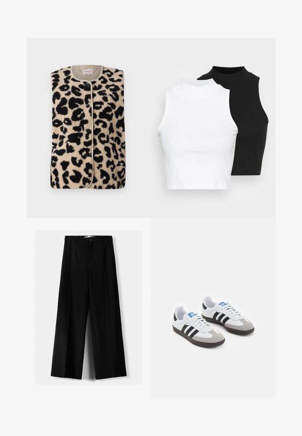 ONLY ONLBABY VEST - Smanicato - pumice stone; Due top in maglia senza maniche, a collo alto, in nero e bianco, con un design aderente e una superficie liscia, di lunghezza cropped.; Pantaloni neri a gamba larga realizzati in tessuto leggero, caratterizzati da una chiusura frontale con bottone e frontale piatto, con orli cuciti con precisione.; Scarpe sportive con tomaia in pelle bianca, punta in suede grigia e tre strisce nere. Presentano un logo blu sulla linguetta e una suola in gomma testurizzata.