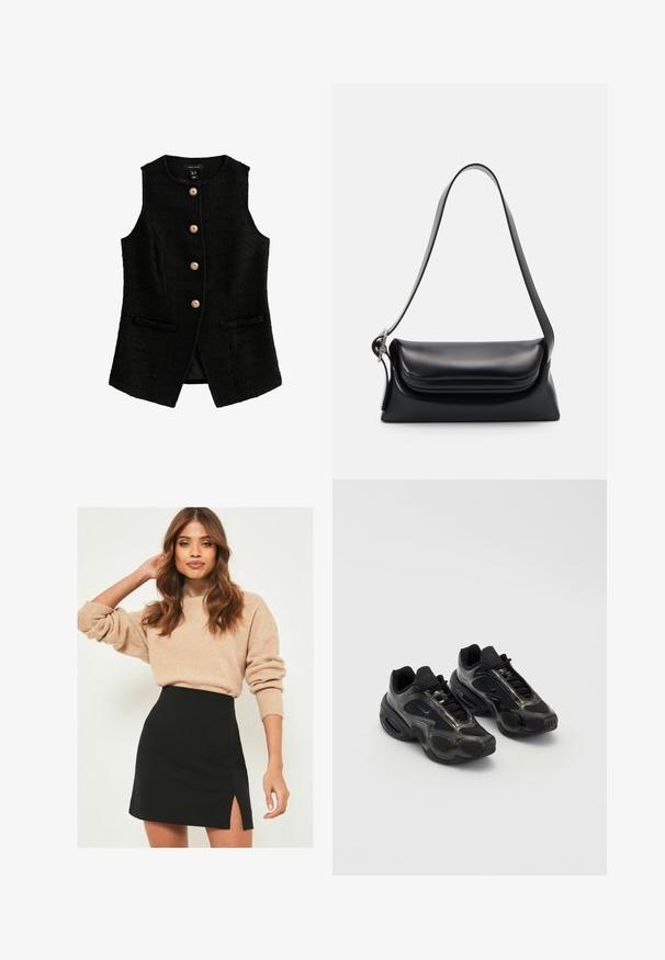 Schwarze ärmellose Weste aus strukturiertem Stoff, mit geradem Schnitt, vier goldenen Knöpfen und zwei Vordertaschen.; Schwarzes oversized T-Shirt mit kurzen Ärmeln, das auf der Vorderseite einen grafischen Druck in Blau und Weiß mit der Aufschrift "HIT ME HARD AND SOFT" zeigt.; Beige gestrickter Pullover mit gerippten Bündchen, kombiniert mit einem schwarzen Minirock mit seitlichem Schlitz. Das Outfit hat eine lässige, jedoch figurbetonte Silhouette.; Schwarze Sportschuhe aus synthetischem Material mit Mesh-Akzenten und abgerundeten Sohlen. Verfügt über ein Schnürsystem und ein prominentes Nike-Logo auf der Zunge.; Schwarze Lederhandtasche mit strukturiertem Design, glatter Textur und einem einzelnen Schulterriemen. Verfügt über ein dezentes, abgerundetes Klappendesign.; Silberne Casio Quarzuhr mit rechteckigem Ziffernblatt, analogem und digitalem Display, Edelstahlarmband und wasserdichten Eigenschaften.