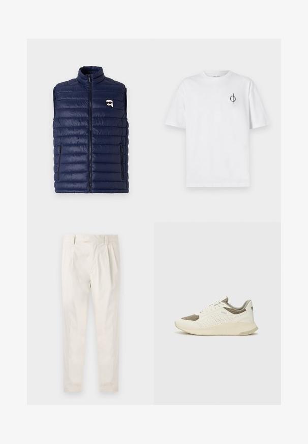 Tamno plavi puffer prsluk s visokim ovratom, zatvaranjem na patentni zatvarač sprijeda i bočnim džepovima. Ima horizontalni kviltani dizajn i mali detalj s logom.; Bijela pamučna majica s opuštenim krojem, s malim crnim grafičkim logotipom na lijevoj prečki. Kratki rukavi, okrugli izrez.; Bijele, naborane hlače s krojem po mjeri, koje imaju glatku teksturu, petlje za pojas i sužene nogavice. Nema vidljivih džepova ili uzoraka.; Bijele i svijetlosmeđe sportske tenisice, sa mrežastim gornjim dijelom, perforiranim detaljima i teksturiranim međutrakom sa brendom na peti.