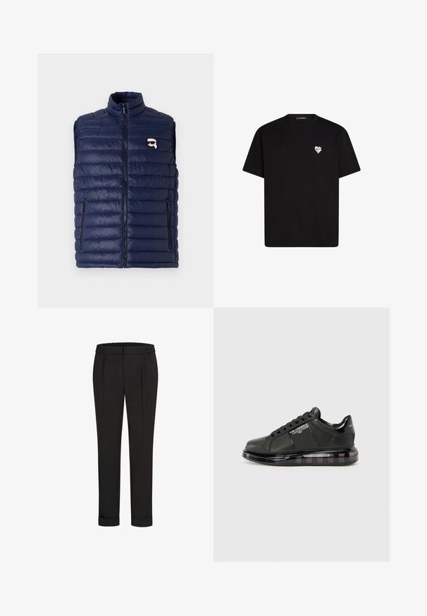 Tumedast sinine puhvvest kõrge kaelaosa, lukuga ees ja küljetaskudega. Omab horisontaalset tikandit ja väikest logo detaili.; Mustvalg mustast puuvillast t-särk lühikeste varrukatega, ümar kaelus ja väike valge südame graafika vasakul rinnal.; Mustad püksid elastse vöökohtaga, sirge jala kujundusega ja üles keeratud äärtega. Valmistatud siledast, kudumisega kangast, ilma mustriteta.; Must mustad musta nahast ülemise osaga, ümarate varvaste ja paeltega disainiga. Omab läbipaistvat, pehmendatud tallat, millel on tume gradient.