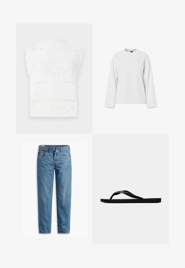 Hvit strikket ermeløs topp med tekstmønsteret "CHAPOT" og hjerte- og diamantmotiver. Utringningen er ribbet med en bølget kant.; Hvit langermet sweatshirt med rund hals, avslappet passform og myk tekstur. Ingen synlige mønstre eller detaljer i maskiner.; Blå denim jeans med rett benpassform, som har glidelås, to frontlommer og subtil falming gjennom stoffet.; Svarte gummiflip-flopsandaler med en teksturert stropp og enkel flat såle, vist fra siden på en enkel lys bakgrunn.