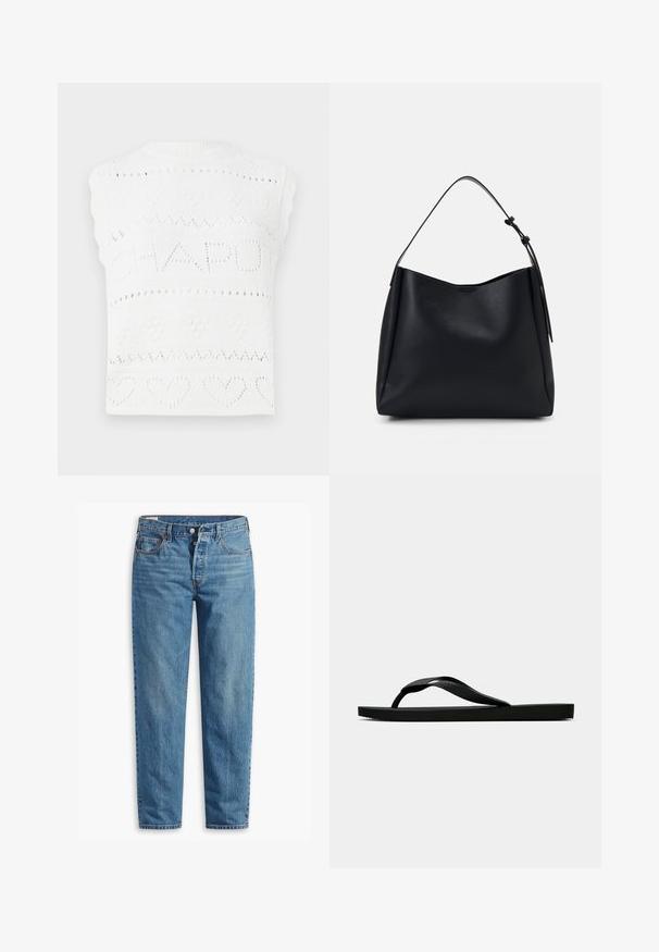 Hvit strikket ermeløs topp med tekstmønsteret "CHAPOT" og hjerte- og diamantmotiver. Utringningen er ribbet med en bølget kant.; Hvit langermet sweatshirt med rund hals, avslappet passform og myk tekstur. Ingen synlige mønstre eller detaljer i maskiner.; Blå denim jeans med rett benpassform, som har glidelås, to frontlommer og subtil falming gjennom stoffet.; Svarte gummiflip-flopsandaler med en teksturert stropp og enkel flat såle, vist fra siden på en enkel lys bakgrunn.; Svarte skinn hobo-veske med en enkelt skulderreim, glatt tekstur, avsmalnet topp og minimalistisk design uten synlig maskinvare.