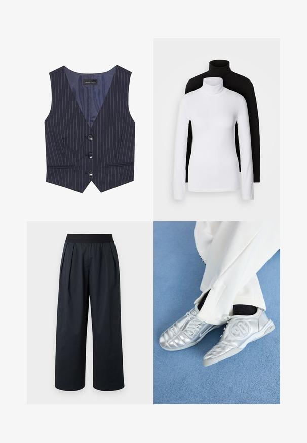 Tamsiai mėlynas dryžuotas liemenė su V formos iškirpte, trimis juodais mygtukais ir priekinėmis kišenėmis. Pagaminta iš lygaus audinio, pritaikyta pagal figūrą.; Du kišeninės ilgomis rankovėmis turtleneck marškiniai, vieni balti, kiti juodi, pagaminti iš lygaus, tampraus audinio, abu su siauru figūrą pabrėžiančiu dizainu ir aukštais apykaklėmis.; Juodos plačios kelnės su klostuotu priekiniu paneliu, elastiniu liemeniu ir švelnia audinio tekstūra. Turi laisvą kirpimą ir trumpą ilgį.; Sidabriniai sportiniai batai su lygiu, blizgiu paviršiumi, turintys siuvinėtą dizainą ir numerį 90 šone, derinami su baltais kelnėmis.