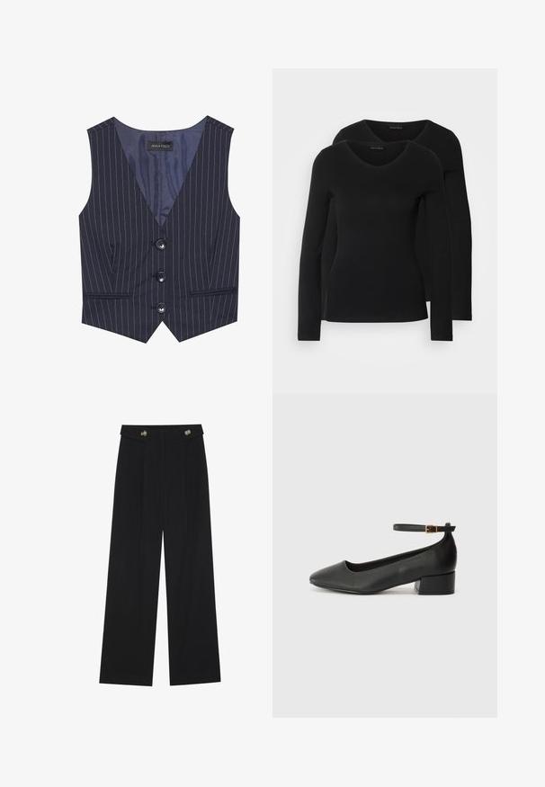 Jūras spēku svītrains bez piedurknēm ar V-veida kakla izgriezumu, trim melnām pogām un priekšējiem kabatām. Izgatavots no gludas auduma ar pielāgotu piegriezumu.; Divi melni krekli ar garām piedurknēm un V-veida kakla izgriezumu, izgatavoti no mīksta, elastīga auduma, ar gludu tekstūru un pieguļošu formas.; Melnas platās bikses ar augstu jostasvietu, pogu detaļām uz jostas un priekšējām krokām.; Melnas ādas sūkņi ar smailu purngalu un zemu bloku papēdi. Iezīmēts ar potītes siksniņu ar zelta krāsas sprādzi. Gluda tekstūra.