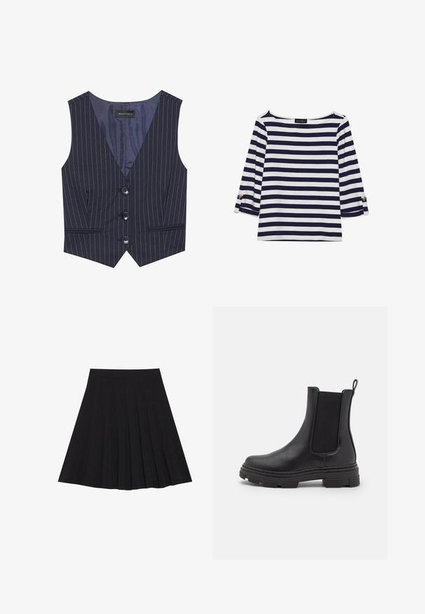 Marineblå stripete vest med V-hals, tre svarte knapper og frontlommer. Laget av glatt stoff med en skreddersydd passform.; Marineblå og hvit stripete langermet topp med båthals og gullknapper på rullede ermer. Myk stoff, avslappet passform.; Svart plisserte skjørt laget av teksturert stoff med en tettsittende linning. Går til knelengde, med en glatt, ren silhuett.; Sorte lær ankelstøvler med elastiske sidepaneler, rund tå og teksturert gummisåle. Har en løkke bak for enkel påkledning.