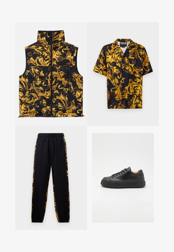 Melnā veste ar augstu apkakli, dekorēta ar zeltītu baroka rakstu, ar rāvējslēdzēju un divām priekšējām kabatām. Mīksts, polsterēts materiāls.; Melna īsām piedurknēm pogājama krekla ar dzelteniem un zelta baroka ziedu rakstiem un priekšējo kabatu, iekšējā apvalkā ar marķējumu "Versace Jeans Couture".; Melnas sporta bikses ar elastīgu jostu un aizdari, ar zelta un melnu ziedu raksta sānu paneļiem.; Melna ādas sporta kurpe ar apaļu purngalu, ar auklēm priekšā, gluda tekstūra, bieza gumijas zole un kontrastējošs brūns iekšpuses materiāls.