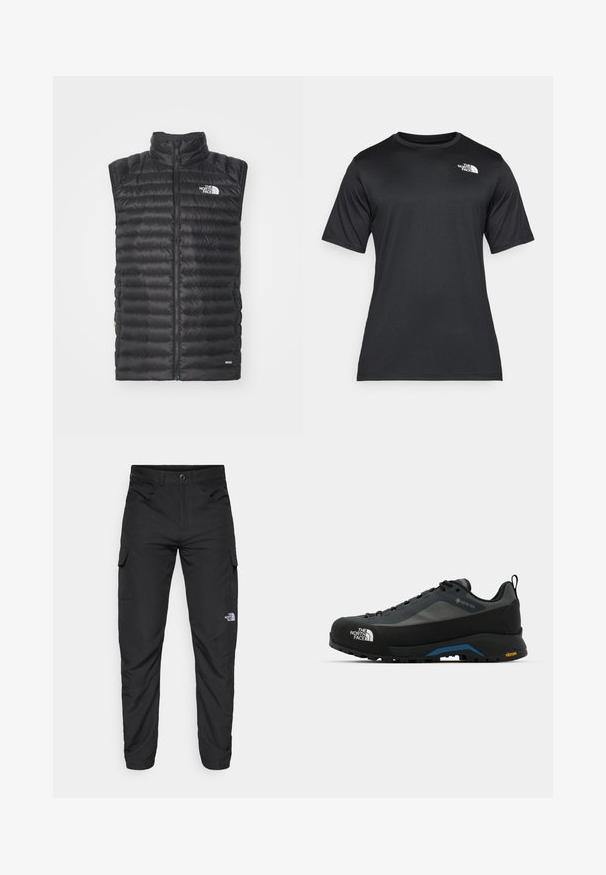Colete preto acolchoado sem mangas da North Face, com fecho frontal e colarinho alto, isolado com penas de 800 preenchimento para aquecimento.; Camiseta preta de manga curta feita de um tecido leve e que absorve a umidade. Apresenta um logo branco no lado esquerdo do peito e um decote redondo.; The North Face HORIZON PANT - Calças para exterior - black; The North Face VERTO ALPINE GORE TEX - Sapatos de caminhada - asphalt grey/tnf black