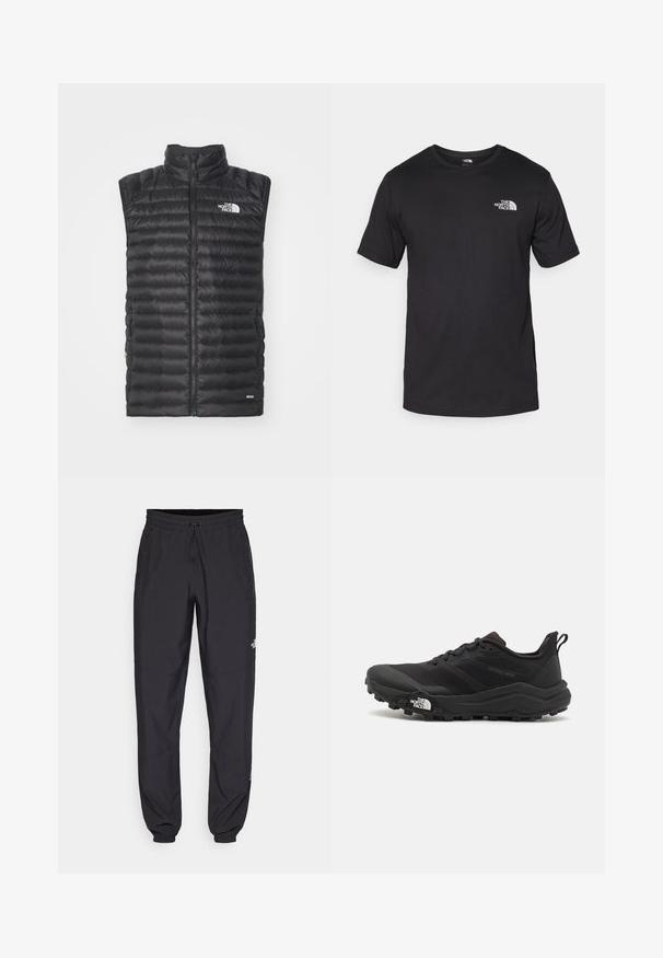 Černá prošívaná bezrukávová vesta North Face s předním zipem a vysokým límcem, izolovaná peřím s hodnotou 800 fill pro zvýšené teplo.; Černé tričko s krátkým rukávem vyrobené z bavlny, s kulatým výstřihem a malým bílým logem na horní levé části hrudi.; Černé sportovní kalhoty vyrobené z lehké tkaniny, s páskem na šňůrku, bočními kapsami a zúženými manžetami na kotnících.; Černé trailové běžecké boty s texturovaným svrškem, gumovou podrážkou a vyztuženou špičkou. Obsahují polstrovaný límec a poutko pro snadné obouvání.