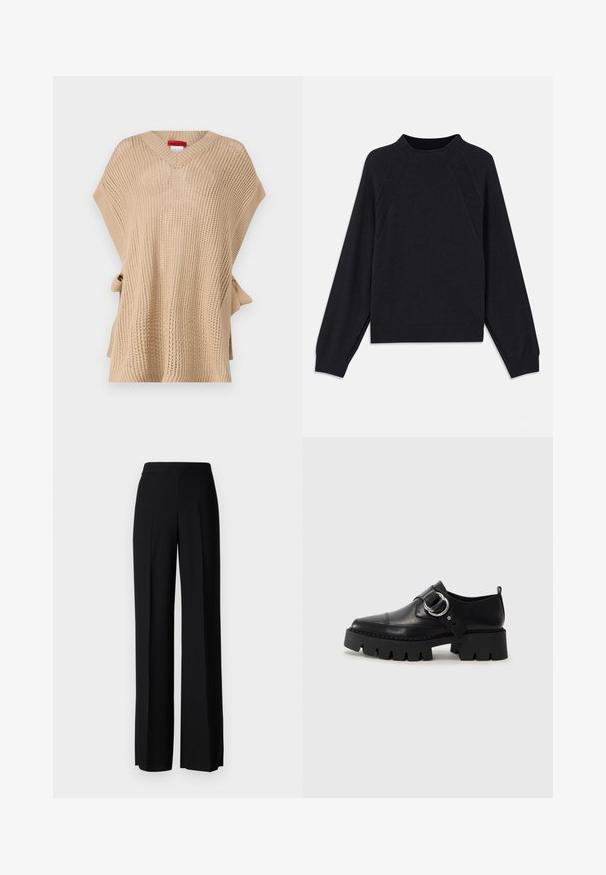 Beige gebreide poncho met een V-hals, losse pasvorm en een sluiting met zijstrik. Heeft een textuurpatroon en korte mouwen.; Donkerblauwe trui met een ronde halslijn, lange raglanmouwen, geribbelde manchetten en een rechte zoom. Gemaakt van een zachte, gestructureerde breimateriaal.; Zwarte wijde broek met een gladde textuur, voorzien van een hoge tailleband en middelste plooien. Geen zichtbare patronen of hardware-details.; Zwarte leren schoenen met een robuuste, geribbelde zool, voorzien van een ronde zilveren hardwareaccent en minimale stikdetails.