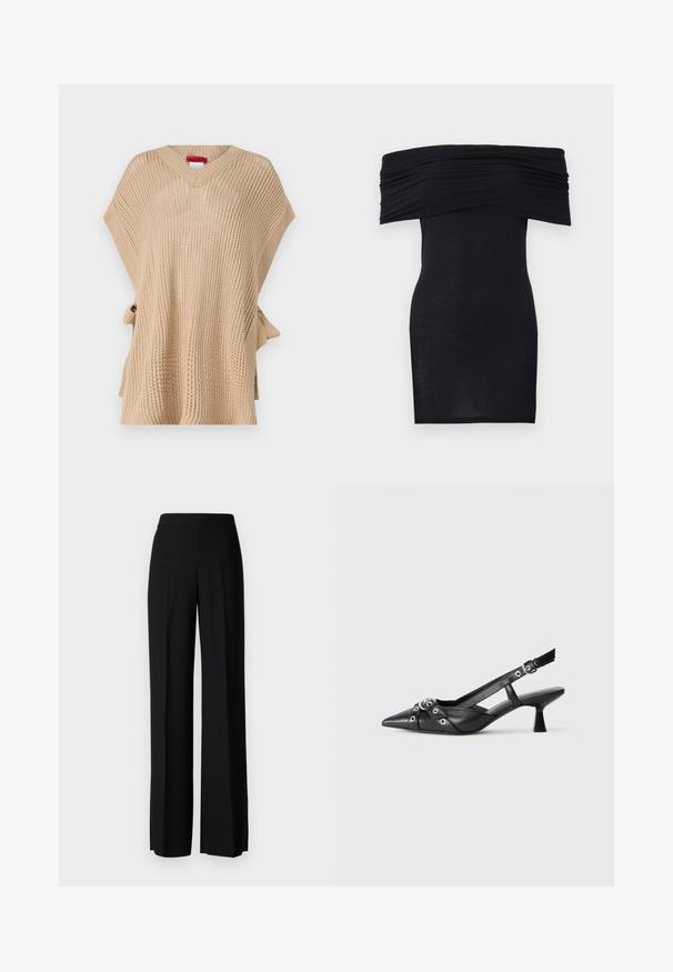 Beige gestrickter Poncho mit V-Ausschnitt, lockerer Passform und seitlichem Bindebandverschluss. Verfügt über ein strukturiertes Muster und kurze Ärmel.; Schwarzes schulterfreies Kleid mit gerafftem Ausschnitt, schmaler Passform und glatter Textur. Minimalistisches Design, knielang ohne zusätzliche Verzierungen.; Schwarze weite Hosen mit einer glatten Textur, ausgestattet mit einem hohen Bund und mittleren Falten. Keine sichtbaren Muster oder Hardware-Details.; Schwarzer Leder-Slingback-Schuh mit spitz zulaufender Zehenpartie, dekorativen Riemen mit METALLÖSEN und niedrigem Blockabsatz. Strukturelle Oberfläche.