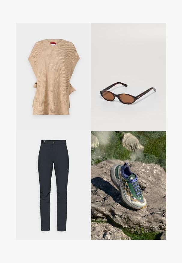 Beige strikket poncho med V-hals, løs pasform og sidelukning med bånd. Har et struktureret mønster og korte ærmer.; Lys lilla langærmet pullover med lynlås i halsen. Glat tekstur, tætsiddende design og logo på forsiden. Strækbart stof for komfort.; Herrers udendørsbukser, mørkegrå, lavet af fleksibelt materiale, med bælte, lynlåslommer og forstærkede syninger.; Sportssko med et mønstret mesh-overdel i grøn og beige, en tykk grå mellemsål og lilla accenter, sat mod en stenoverflade.; Skildpadde-mønstret ovale solbriller med brune linser, vinklet for at vise "QUAY" logoet på den højre stang mod en ensfarvet baggrund.; Sort rygsæk med glat nylonmateriale, et logo på fronten, justerbare stropper og mesh-sidelommer til ekstra opbevaring.