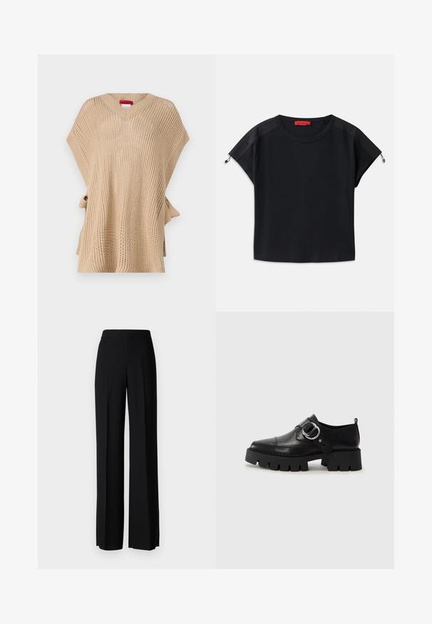 Beige adīts pončo ar V-veida kaklu, brīvu piegriezumu un sānu saišu aizdari. Iekļauj teksturētu rakstu un īsas piedurknes.; Melna īsā T-kreklu ar apaļu kaklu. Iezīmējas ar mīkstu audumu, kas satur satīna paneļus uz pleciem un stringu detaļām pie piedurknēm.; Melni platleği bikses ar gludu tekstūru, ar augstu jostasvietu un centrālajām krokām. Nav redzamu rakstu vai aparatūras detaļu.; Melni ādas apavi ar masīvu, rievojumu zoli, ar apaļu sudraba aksesuāru un minimālām šuvēm.