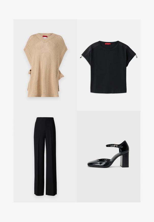 Poncho tricotat bej cu decolteu în V, croială lejeră și închidere cu legătură pe lateral. Prezintă un model texturat și mâneci scurte.; Tricou scurt negru cu guler rotund. Are un material moale, cu panouri din satin pe umeri și detalii cu șnur la mâneci.; Pantaloni negri cu picioare largi, cu o textură netedă, având o talie înaltă și pliseuri centrale. Fără modele vizibile sau detalii de hardware.; Pantofi cu toc înalt din piele lăcuită neagră, cu vârf pătrat, curea pentru gleznă și toc gros. Include detalii perforate de-a lungul marginii.