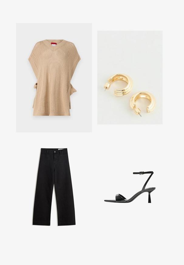Beige knitted poncho with a V-neck, loose fit, and side tie closure. Features a textured pattern and short sleeves.; White sleeveless crop top with a deep V-neck design, made from smooth fabric, featuring a simple, minimalistic cut.; Black wide-leg denim pants with a high waist, featuring front and back pockets, stitched seams, and a button closure. Smooth texture.; Bershka High heeled sandals - black; Gold-tone hoop earrings with a polished finish, featuring a ridged design and a post-back closure. Round, chunky shape.