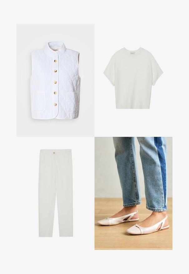 Colete acolchoado em branco com riscas azul claro. Apresenta um colarinho em pé, seis botões dourados e dois bolsos frontais. Textura suave.; Camiseta branca de mangas curtas com um decote careca largo e um padrão texturizado canelado, feita de tecido suave, com um corte relaxado e um design limpo.; Calças brancas, ajustadas, com um design de perna reta, apresentando um fecho de botão, passantes para cinto e bolsos laterais; textura de tecido suave.; Sapatilhas slingback de cor rosa pálido com bico fino, feitas de um material semelhante a couro liso. Apresentam detalhes recortados nas laterais e um salto plano.