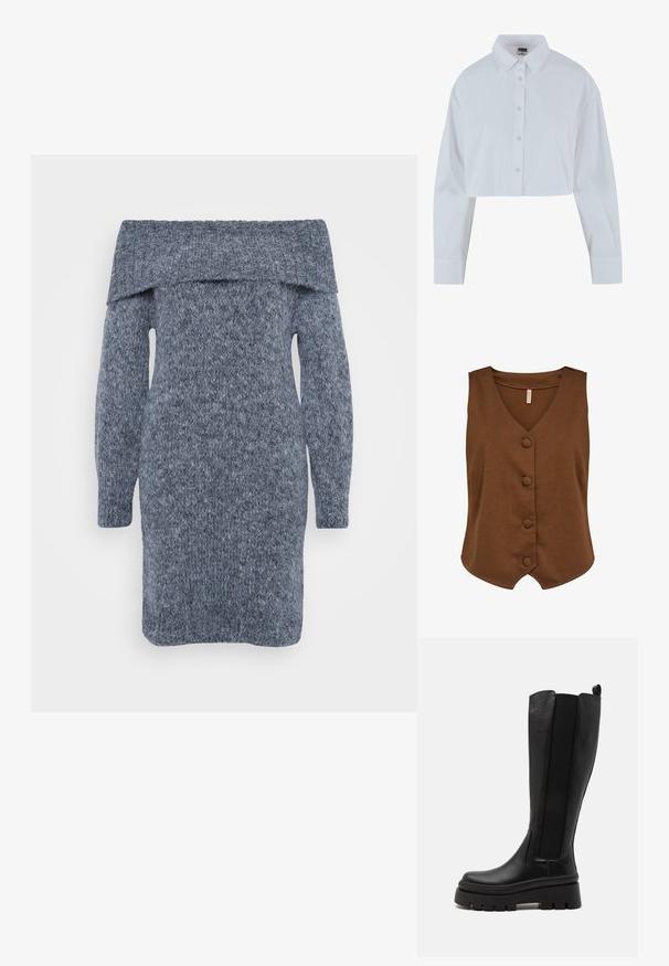 Soyaconcept SC-DANIELA 10 - Strukirani kaput - brown; Skraćena bijela košulja s kopčanjem, uskim ovratnikom, dugim rukavima i glatkom teksturom. Ima prednji dio s dugmadi u skladu.; Pletena haljina od vune u tamno sivoj boji s otvorenim ramenima, dugim rukavima i teksturiranim uzorkom.; Crne čizme do koljena od glatke kože s elastičnim bočnim panelima, debelim platformama i rebrastom teksturom na bazi.