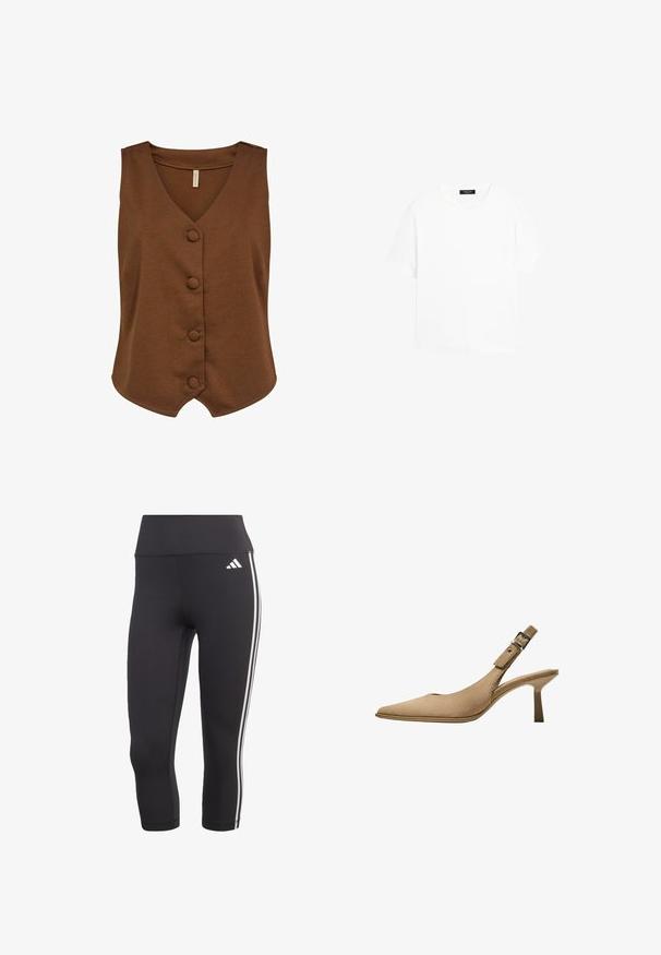 Soyaconcept SC-DANIELA 10 - Vesta - brown; Bílý bavlněný tričko s kulatým výstřihem, krátkými rukávy a volným střihem. Bez viditelných vzorů nebo ozdob.; Černé legíny tří čtvrtinové délky z elastického materiálu se širokým pasem a třemi bílými pruhy po stranách.; Beige slingback lodičky s špičatou špičkou, texturovaným semišem a štíhlým podpatkem. Nabízí nastavitelné přezkové zapínání pro bezpečné uchycení.