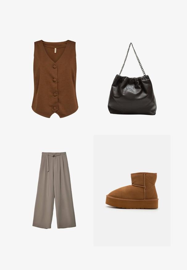 Soyaconcept SC-DANIELA 10 - Weste - brown; Braunes, kurzärmliges T-Shirt aus weichem Material mit rundem Halsausschnitt und lockerer Passform. Keine sichtbaren Muster oder Akzente.; Weite Hose aus einem weichen, gedämpften grauen Stoff, mit einem taillierten Bund und Falten für zusätzliche Design-Details. Glatte Textur, keine Muster.; Braune Wildleder-Ankle-Boots mit runder Zehenform, weicher Textur und dicker Gummisohle. Verfügt über gestickte Details und ein flaches Design.; Braune Lederhandtasche mit gerafftem Oberteil und Kettenriemen. Glatte Textur mit glänzendem Finish und subtilen Nahtdetails an den Seiten.