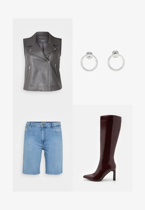 Sivi kožni prsluk bez rukava za motocikl s izrezanim kragnom, dijagonalnim prednjim zatvaračem i dva zatvorena bočna džepa. Teksturirana završna obrada.; Even&Odd Petite 2 PACK - Top - light grey/black; Svijetloplave traper kratke hlače klasičnog kroja, s prednjim zatvaranjem na gumb, petljama za remen i dva bočna džepa. Glatka tekstura i ravni rub.; Even&Odd Čizme - dark red; Srebrne metalne naušnice u obliku prstena s brušenom teksturom, s kružnim dizajnom i prozirnom vrstom kopče za sigurno nošenje.