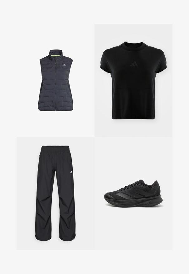 adidas Performance ADIZERO PADDED - Smanicato - black; T-shirt nera a maniche corte realizzata in un tessuto morbido. Presenta un collo rotondo e un logo Adidas in rilievo sul davanti.; Pantaloni neri, leggeri, impermeabili, con vita elasticizzata, tasche laterali e polsini regolabili. Presentano un logo bianco sulla coscia sinistra.; Scarpa da corsa nera con tomaia in rete traspirante, punta rotonda, design elegante, dettagli testurizzati e suola ammortizzata per il comfort.