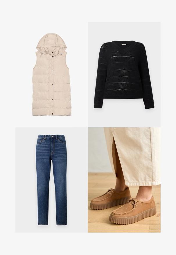 Beige vadderad väst med huva, som har en dragkedja och tryckknappsstängning, sidofickor och en texturerad tygdesign. Slät yta.; TOM TAILOR DENIM V NECK - Stickad tröja - deep black; Höga blå denimjeans med rak ben, med subtila slitningar, enkel knappknäppning och femfickorsdesign.; Tanan läderskor med en strukturerad yta, rund tå och tjocka, räfflade sulor. Snören och sömnadsdetaljer förhöjer designen.