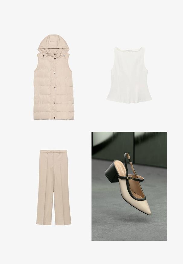 Vesta bej căptușită cu glugă, având fermoar și închidere cu capse, buzunare laterale și un design texturat al țesăturii. Finisaj neted.; Top alb fără mâneci, cu guler rotund, având o formă evazată și o textură netedă, realizat dintr-un material ușor. Design simplu, fără imprimeuri.; Pantaloni largi bej deschis, cu o textură fină, având un front plisat și buzunare laterale, precum și un design cu talie adaptată.; Pantof divers în nuanță bej, cu vârf ascuțit, curea de susținere în spate, cu margine neagră, cataramă aurie și toc gros pe un podea gri, cu un fundal verde închis.